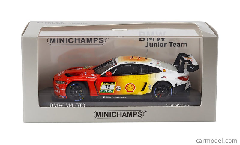 BMW 4-SERIES M4 GT3 3.0L Twin Turbo Team Bmw Rmg N°72 3. Miesto 24h Nurburgring 2024 Dan Harper - Max Hesse - Charles Weerts 1:43 Minichamps červená žltá biela