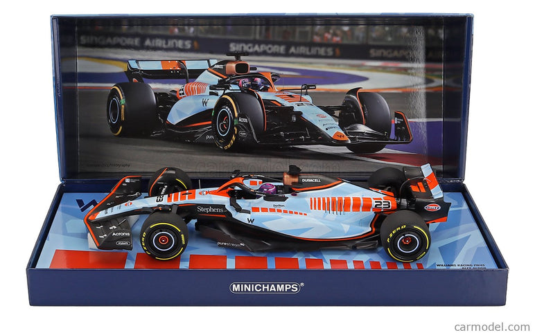Williams F1 FW45 Team Williams Racing Gulf N°23 Singapore GP 2023 Alexander Albon 1:18 Minichamps svetlomodrá