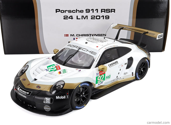 Porsche 911 991 RSR 4.0L Team Porsche N°92 24h Le Mans 2019 Michael Christensen - Kevin Estre - Laurens Vanthoor 1:12 IXO Models biela čierna zlatá