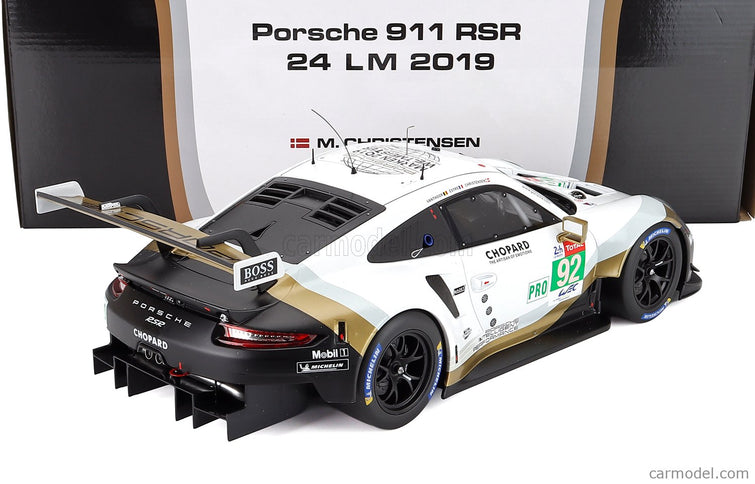 Porsche 911 991 RSR 4.0L Team Porsche N°92 24h Le Mans 2019 Michael Christensen - Kevin Estre - Laurens Vanthoor 1:12 IXO Models biela čierna zlatá