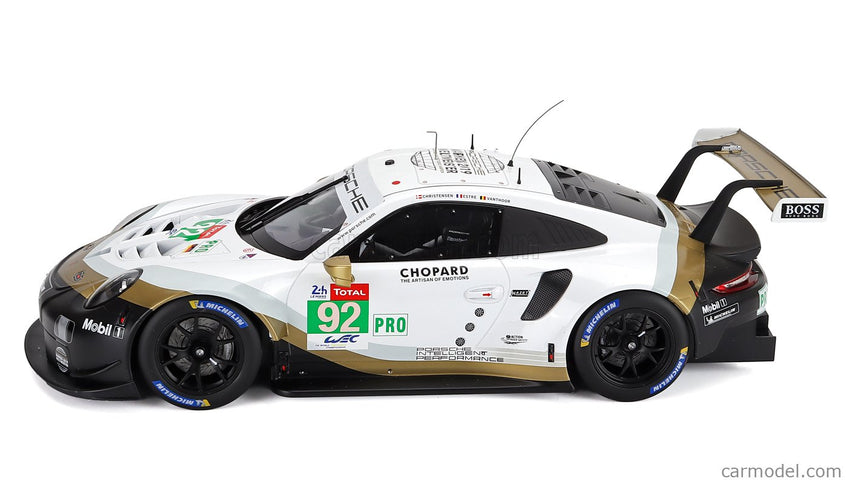 Porsche 911 991 RSR 4.0L Team Porsche N°92 24h Le Mans 2019 Michael Christensen - Kevin Estre - Laurens Vanthoor 1:12 IXO Models biela čierna zlatá