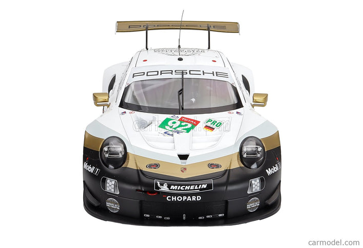 Porsche 911 991 RSR 4.0L Team Porsche N°92 24h Le Mans 2019 Michael Christensen - Kevin Estre - Laurens Vanthoor 1:12 IXO Models biela čierna zlatá