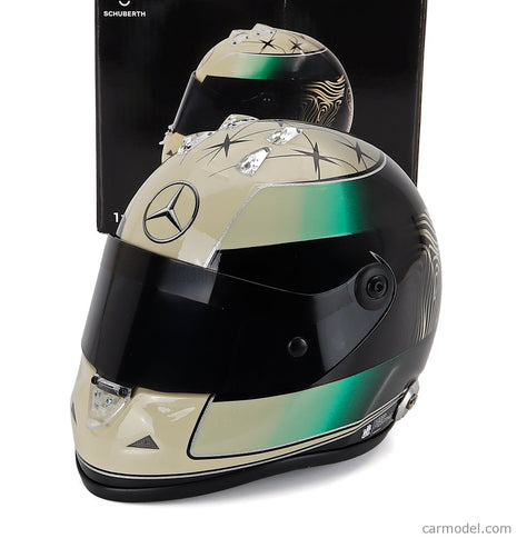 Schuberth Helmet Helma F1 Mick Schumacher Team AMG Petronas Motorsport N°47 (third Pilot) Sezóna 2024 1:2 Mini Helmet zlatá zelená čierna