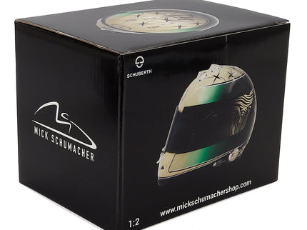 Schuberth Helmet Helma F1 Mick Schumacher Team AMG Petronas Motorsport N°47 (third Pilot) Sezóna 2024 1:2 Mini Helmet zlatá zelená čierna