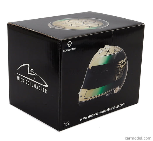 Schuberth Helmet Helma F1 Mick Schumacher Team AMG Petronas Motorsport N°47 (third Pilot) Sezóna 2024 1:2 Mini Helmet zlatá zelená čierna