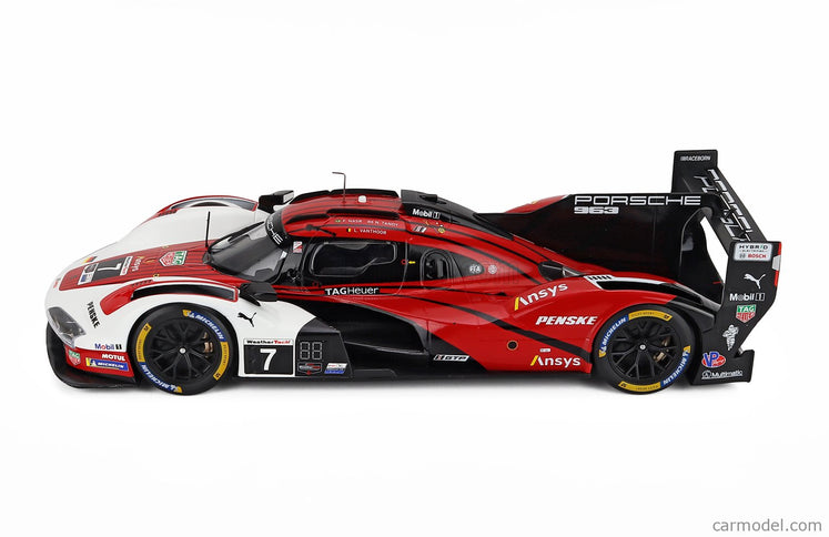Porsche 963 9RD 4.6L Turbo V8 Team Porsche Penske Motorsport N°7 Víťaz IMSA 12h Sebring 2025 Felipe Nasr - Nick Tandy - Laurens Vanthoor 1:18 IXO Models biela červená čierna