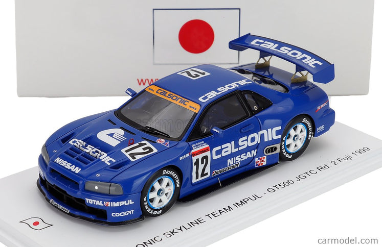 Nissan Skyline GT-R (R34) 3.0L Twin Turbo V6 Team Calsonic Impul N°12 Jgtc GT500 1999 Kazuyoshi Hoshino - Masahyko Kageyama 1:43 Spark Model modrá