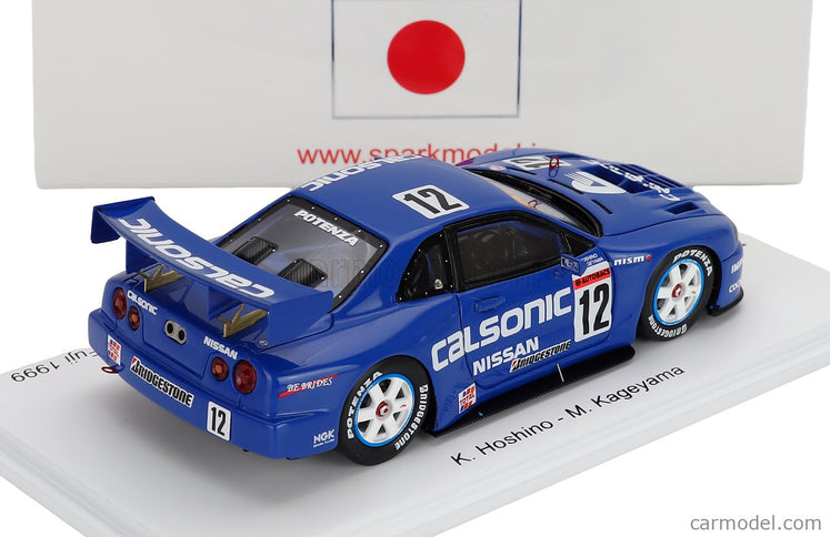 Nissan Skyline GT-R (R34) 3.0L Twin Turbo V6 Team Calsonic Impul N°12 Jgtc GT500 1999 Kazuyoshi Hoshino - Masahyko Kageyama 1:43 Spark Model modrá