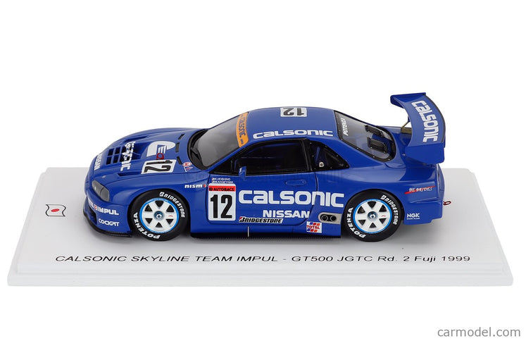 Nissan Skyline GT-R (R34) 3.0L Twin Turbo V6 Team Calsonic Impul N°12 Jgtc GT500 1999 Kazuyoshi Hoshino - Masahyko Kageyama 1:43 Spark Model modrá