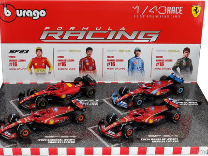 Ferrari Set F1 Charles Leclerc SF-23 Team Scuderia Ferrari SF23 N°16 Monza Italy GP 2023 - 3X SF-24 Team Scuderia Ferrari SF24 3. Miesto N°16 Miami GP 2024 - N°16 Víťaz Monza Italy GP 2024 - N°16 Sezóna Livery 2024 1:43 Bburago rôzne farby