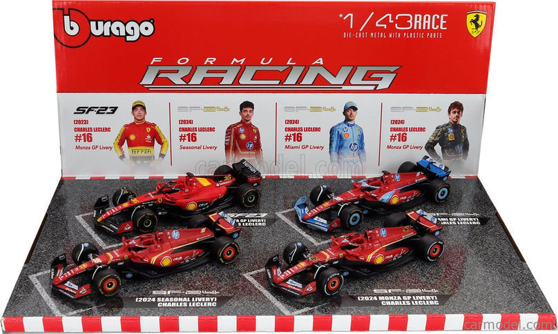Ferrari Set F1 Charles Leclerc SF-23 Team Scuderia Ferrari SF23 N°16 Monza Italy GP 2023 - 3X SF-24 Team Scuderia Ferrari SF24 3. Miesto N°16 Miami GP 2024 - N°16 Víťaz Monza Italy GP 2024 - N°16 Sezóna Livery 2024 1:43 Bburago rôzne farby