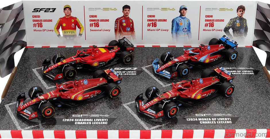 Ferrari Set F1 Charles Leclerc SF-23 Team Scuderia Ferrari SF23 N°16 Monza Italy GP 2023 - 3X SF-24 Team Scuderia Ferrari SF24 3. Miesto N°16 Miami GP 2024 - N°16 Víťaz Monza Italy GP 2024 - N°16 Sezóna Livery 2024 1:43 Bburago rôzne farby