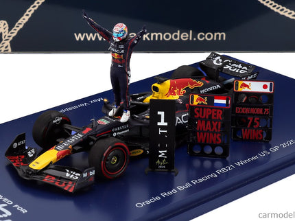Red Bull F1 RB21 Team Oracle Red Bull Racing N°1 Víťaz USA GP (with Pit Board Super Max! 75 Wins) 2025 Max Verstappen 1:43 Spark Model modrá žltá červená