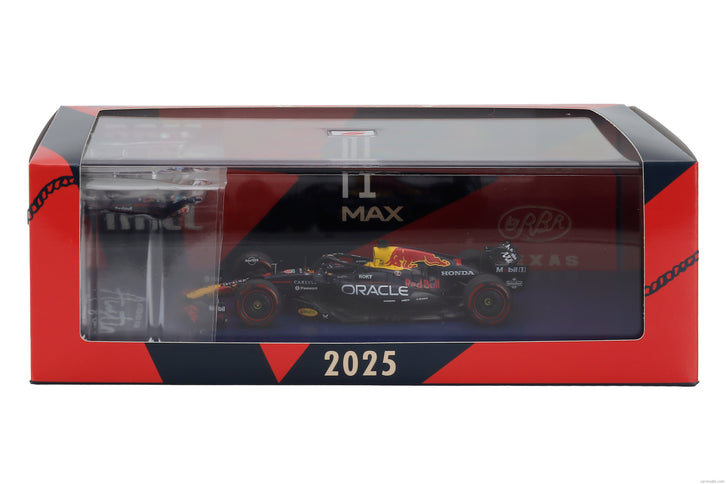 Red Bull F1 RB21 Team Oracle Red Bull Racing N°1 Víťaz USA GP (with Pit Board Super Max! 75 Wins) 2025 Max Verstappen 1:43 Spark Model modrá žltá červená