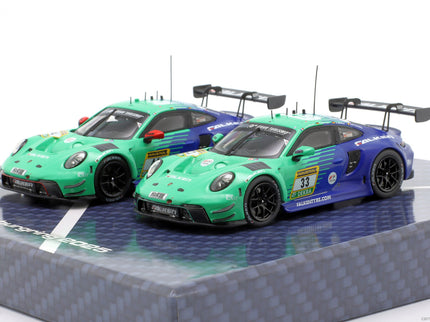 Porsche Set 2X 911 992 GT3 R Team Falken Motorsports 24h Nurburgring 2025 N°44 Dorian Boccolacci - Tim Heinemann - Dennis Marschall - Morris Schuring + N°33 Julien Andlauer - Nico Menzel - Sven Muller - Alessio Picariello 1:43 IXO Models zelená modrá