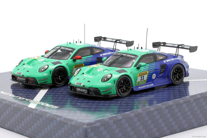 Porsche Set 2X 911 992 GT3 R Team Falken Motorsports 24h Nurburgring 2025 N°44 Dorian Boccolacci - Tim Heinemann - Dennis Marschall - Morris Schuring + N°33 Julien Andlauer - Nico Menzel - Sven Muller - Alessio Picariello 1:43 IXO Models zelená modrá