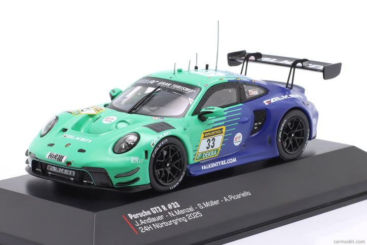 Porsche 911 992 GT3 R Team Falken Motorsports N°33 24h Nurburgring 2025 Julien Andlauer - Nico Menzel - Sven Muller - Alessio Picariello 1:43 IXO Models zelená modrá