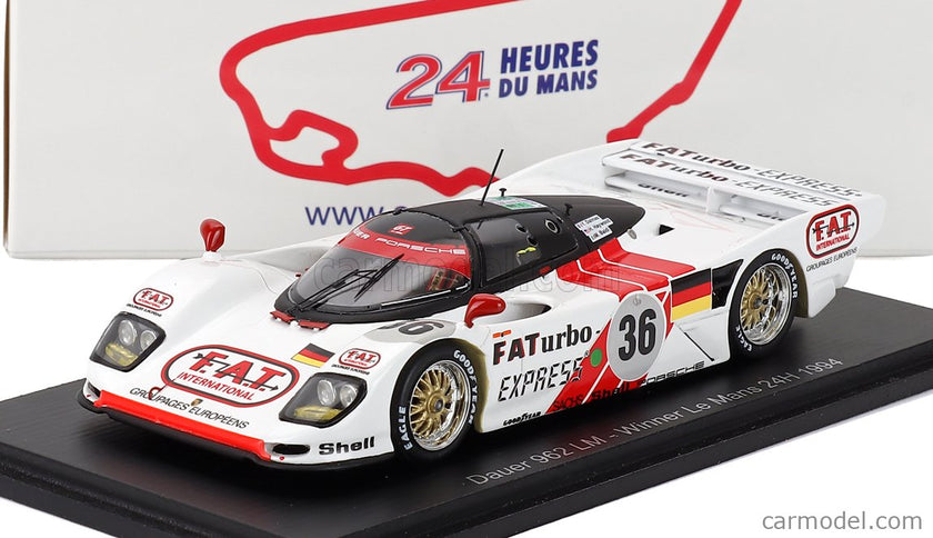 Porsche Dauer 962 3.0L Turbo Team Le Mans Porsche N°36 Víťaz 24h Le Mans 1994 Mauro Baldi - Hurley Haywood - Yannick Dalmas 1:43 Spark Model biela červená