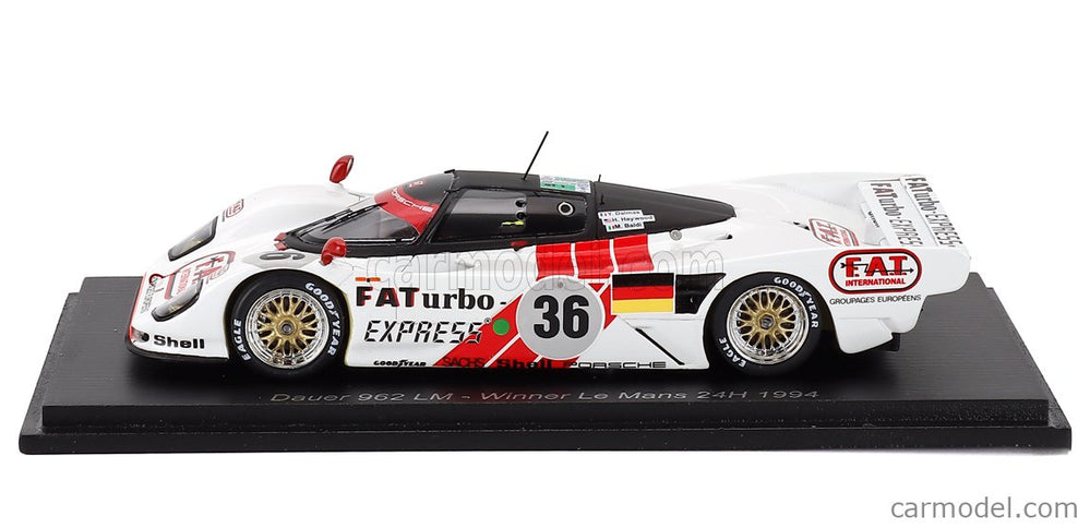 Porsche Dauer 962 3.0L Turbo Team Le Mans Porsche N°36 Víťaz 24h Le Mans 1994 Mauro Baldi - Hurley Haywood - Yannick Dalmas 1:43 Spark Model biela červená