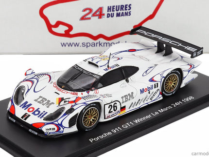 Porsche 911 GT1-98 3.2L Turbo Team Porsche AG MOBIL-1 N°26 Víťaz 24h Le Mans 1998 Allan Mcnish - Laurent Aiello - Stephane Ortelli 1:43 Spark Model biela modrá červená