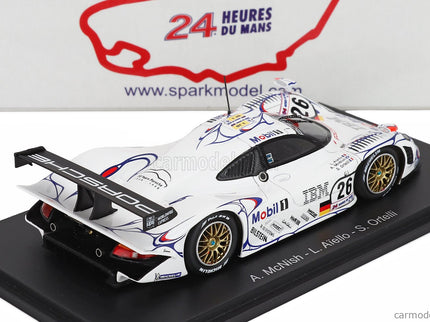 Porsche 911 GT1-98 3.2L Turbo Team Porsche AG MOBIL-1 N°26 Víťaz 24h Le Mans 1998 Allan Mcnish - Laurent Aiello - Stephane Ortelli 1:43 Spark Model biela modrá červená