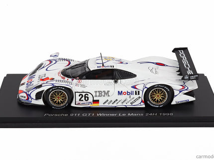 Porsche 911 GT1-98 3.2L Turbo Team Porsche AG MOBIL-1 N°26 Víťaz 24h Le Mans 1998 Allan Mcnish - Laurent Aiello - Stephane Ortelli 1:43 Spark Model biela modrá červená