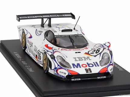 Porsche 911 GT1-98 3.2L Turbo Team Porsche AG MOBIL-1 N°26 Víťaz 24h Le Mans 1998 Allan Mcnish - Laurent Aiello - Stephane Ortelli 1:43 Spark Model biela modrá červená