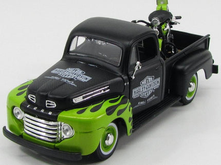 FORD USA | F-1 PICK-UP CUSTOM HARLEY-DAVIDSON 1948 + MOTORCYCLE HARLEY DAVIDSON FL PANHEAD 1948 | MATT BLACK LIGHT GREEN