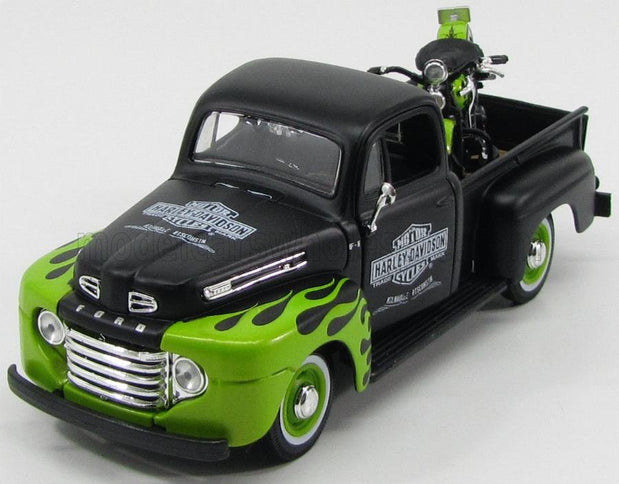 FORD USA | F-1 PICK-UP CUSTOM HARLEY-DAVIDSON 1948 + MOTORCYCLE HARLEY DAVIDSON FL PANHEAD 1948 | MATT BLACK LIGHT GREEN