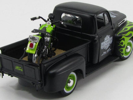 FORD USA | F-1 PICK-UP CUSTOM HARLEY-DAVIDSON 1948 + MOTORCYCLE HARLEY DAVIDSON FL PANHEAD 1948 | MATT BLACK LIGHT GREEN
