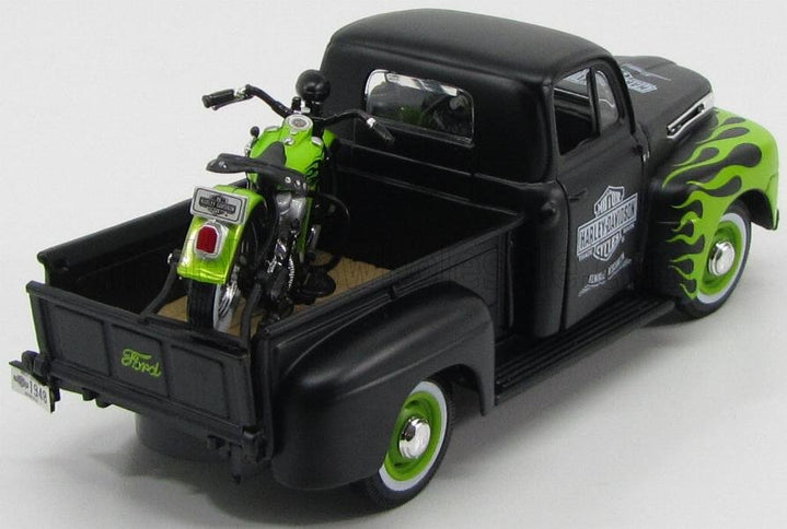 FORD USA | F-1 PICK-UP CUSTOM HARLEY-DAVIDSON 1948 + MOTORCYCLE HARLEY DAVIDSON FL PANHEAD 1948 | MATT BLACK LIGHT GREEN