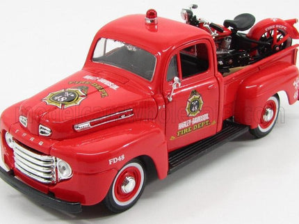 FORD USA | F-1 PICK-UP CUSTOM HARLEY-DAVIDSON 1948 + MOTORCYCLE HARLEY DAVIDSON EL KNUCKLEHEAD 1936 FIRE DEPARTMEN | RED