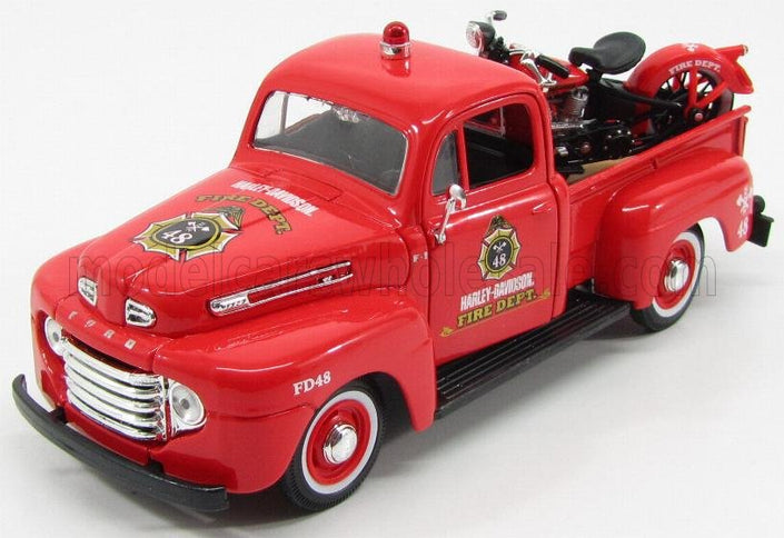 FORD USA | F-1 PICK-UP CUSTOM HARLEY-DAVIDSON 1948 + MOTORCYCLE HARLEY DAVIDSON EL KNUCKLEHEAD 1936 FIRE DEPARTMEN | RED
