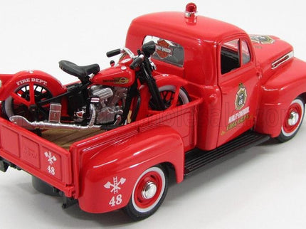 FORD USA | F-1 PICK-UP CUSTOM HARLEY-DAVIDSON 1948 + MOTORCYCLE HARLEY DAVIDSON EL KNUCKLEHEAD 1936 FIRE DEPARTMEN | RED