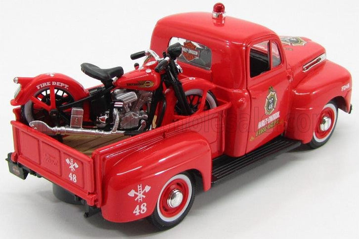 FORD USA | F-1 PICK-UP CUSTOM HARLEY-DAVIDSON 1948 + MOTORCYCLE HARLEY DAVIDSON EL KNUCKLEHEAD 1936 FIRE DEPARTMEN | RED