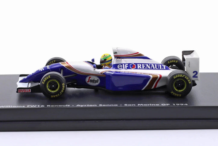 Williams F1 FW16 Team Rothmans Renault N°2 San Marino GP 1994 Ayrton Senna 1:64 Minichamps modrá biela